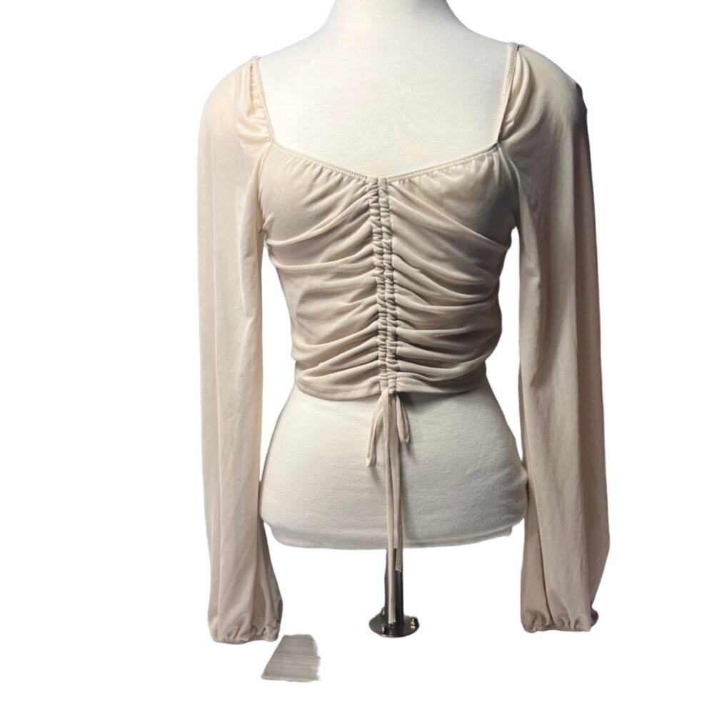 Mezzanine Top Womens  M V Neck Drawstring Ruched Lantern Sleeve Crop Blouse